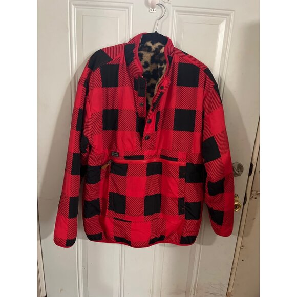 Simply Southern reversible red black checked pullover with plush leopard print s - Picture 1 of 12